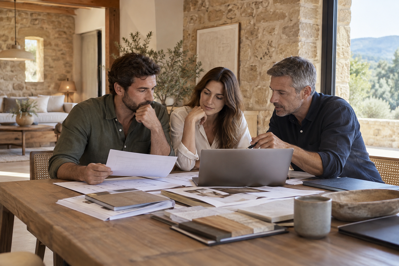 Una pareja compara las opciones de su proyecto con un asesor, junto a planos y documentos.
