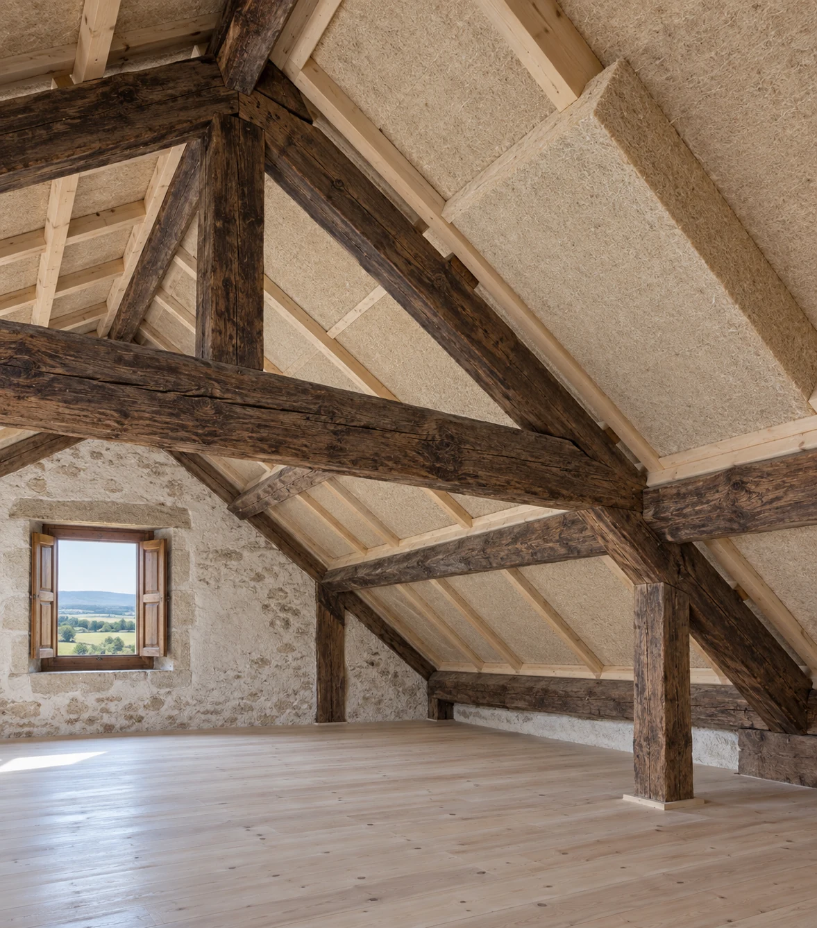 Desván bajo una estructura tradicional de madera, con aislamiento visible bajo la cubierta.